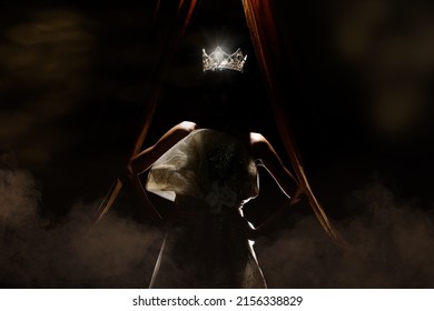 Silhouette of Miss Beauty Pageant Contest Woman with sparkle Diamond Crown with tanned skin beautiful makeup evening gown on stage with lighting curtain and dark background - Shutterstock ID 2156338829