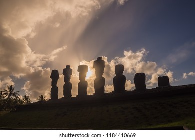 Silhouette of the moais of Ahu Nau Nau in Easter Island. Anakena Beach in Rapanui, Chile - Shutterstock ID 1184410669
