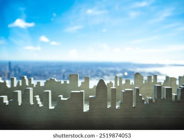 Silhouette mockup building model with New York City view background scenic Skyline Sculpture with Blurred Panoramic View Urban Landscape and Clear Blue Sky at the back from a Modern Observation Deck - Powered by Shutterstock