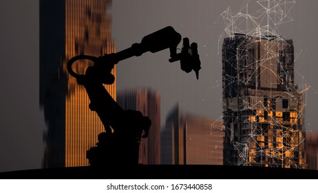Silhouette Of Modern Automation Robot Arms With Ai Assistant Technology Network Concept And Metropolis City Building Background.