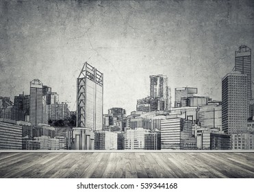 Silhouette Of Modern City Landscape Drawn On Concrete Wall