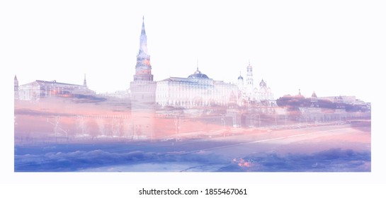 Silhouette Of Moscow Kremlin Filled With Dramatic Sunset Clouds And Isolated On White Background