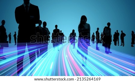 Silhouette of multinational people and light wave concept. Human resources. Technology of business.