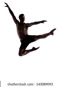 Silhouette Of An Muscular Adult Male Modern Contemporary Ballet Style Dancer. Dancer Is Wearing Black Ski Pants And Is Isolated On A White Background.