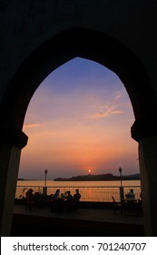 Silhouette Northbrook Gate Sunset Over Brahmaputra River, Guwahati, Kamrup Metropolitan District, Assam State, India.