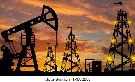 Silhouette Of An Oil Production Company. Natural Resource Extraction. Oil Rigs Against The Evening Sky. Oil Export. Fuel Industry. Global Energy Market.