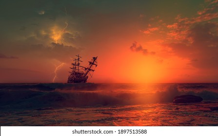 Silhouette of old ship in a stormy sea,  amazing lightning in the background 