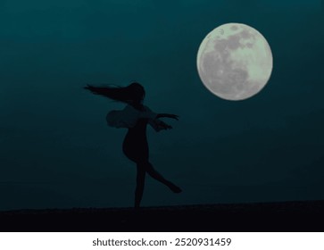 silhouette of one alone woman girl with flying hair dancing, jumping, having fun walking on seaside. Happy female dance at sunrise on beautiful beach, coast. lady making hands movements. full moon.  - Powered by Shutterstock