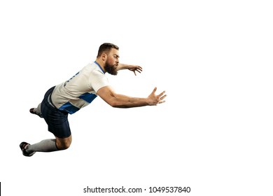 The Silhouette Of One Caucasian Rugby Man Player Isolated On White Background. Studio Shot Of Fit Man In Motion Or Movement. Jump And Action Concept. An Incredible Strain Of All Forces