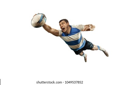 The silhouette of one caucasian rugby man player isolated on white background. Studio shot of fit man in motion or movement with ball. Jump and action concept. an incredible strain of all forces - Powered by Shutterstock