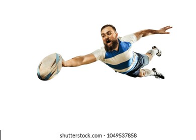 The Silhouette Of One Caucasian Rugby Man Player Isolated On White Background. Studio Shot Of Fit Man In Motion Or Movement With Ball. Jump And Action Concept. An Incredible Strain Of All Forces