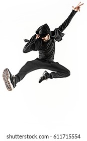 The Silhouette Of One Hip Hop Male Break Dancer Dancing On White Background