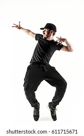 The Silhouette Of One Hip Hop Male Break Dancer Dancing On White Background