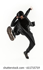 The Silhouette Of One Hip Hop Male Break Dancer Dancing On White Background