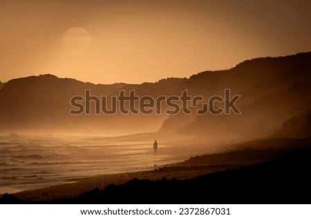 Silhouette of one person at San Onofre State beach at sunset with aj hazy sun in the background. 