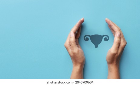 The silhouette of the organs of the reproductive system in the hands of a person. A symbol of the diagnosis and prevention of diseases of the female genital organs
 - Shutterstock ID 2045909684