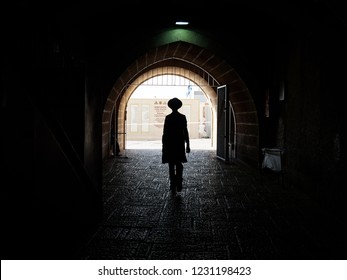 Silhouette Of An Orthodox Jew On His Way To The Western Wall