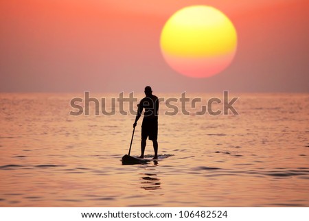 Silhouette paddle board surfer on the sunset background