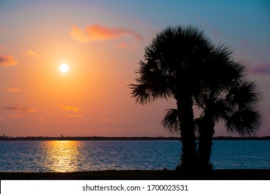 Silhouette Of Palm Trees. Beautiful Ocean Sunset On Background. Florida Tropical Nature. Best For Post Card Or Travel Agency. Landscape Photographer.