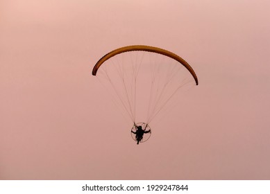 Silhouette Of The Paramotor Gliding And Flying In The Air Through Soft Sunlight Sky. Paramotor It Is Extreme Sport