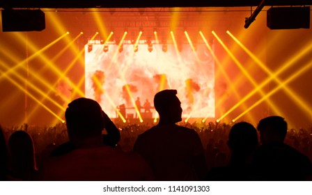 silhouette people at concert, electronic dance music, yellow light