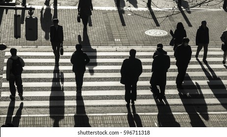 Silhouette People Walk On Pedestrian Crosswalk At The Junction Street Of Business City At The Evening Sunset With The Dark Shadow Of People On The Road (top Aerial View)