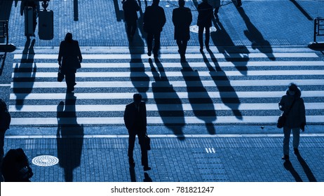silhouette people walk on pedestrian crosswalk at the junction street of business city at the evening sunset with the dark shadow of people on the road (top aerial view)