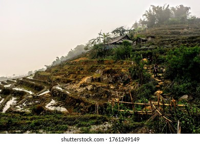 Silhouette Of People Walking In The Mountains And Rice Field Of Sapa, Meeting The Ethnic Minorities Of North Vietnam