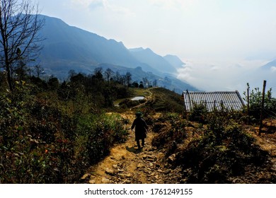 Silhouette Of People Walking In The Mountains And Rice Field Of Sapa, Meeting The Ethnic Minorities Of North Vietnam