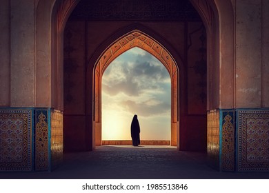 Silhouette of a Persian woman in national dress against the background of traditional Iranian architecture. Sunset. Iran. Kashan. - Shutterstock ID 1985513846
