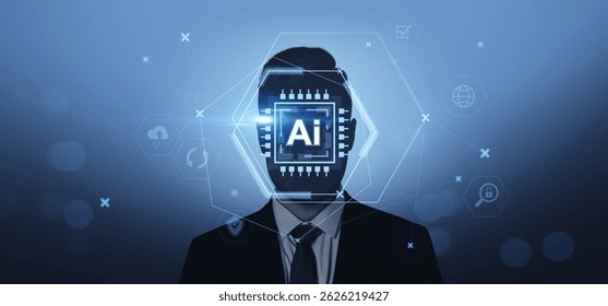 Silhouette of a person with AI microchip interface on face, digital futuristic style, blue tech background, concept of artificial intelligence
