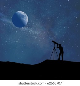 Silhouette Of Person Looking At A Stylized Digitally Created Night Sky Through A Stylized Digitally Created Telescope