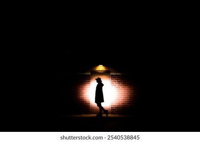 Silhouette of a person standing against a dimly lit brick wall, illuminated by a single overhead light in a dark setting. Moody, mysterious ambiance with strong contrast. - Powered by Shutterstock