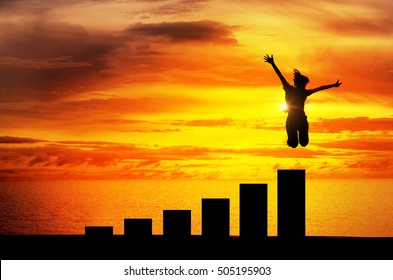 Silhouette, Personal Development And Career Growth, Business Or Education Concept Growth Success Process, Woman Jumping On Chart In The Beach.