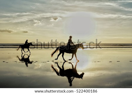 Silhouette photo of horse riding in the evening sunset time , dramatic style