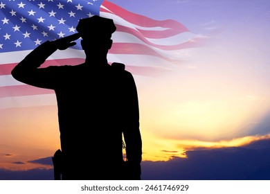 Silhouette of police man with USA flag against the sunset. National Police Week concept