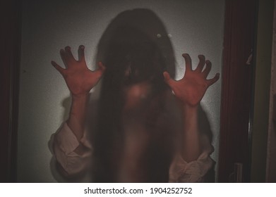 Silhouette Portrait Asian Woman Make Up Ghost,Scary Horror Scene For Background,Halloween Festival Concept,Ghost Movies Poster