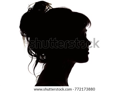 silhouette portrait of beautiful profile of happy woman face with hairstyle on white isolated background with wavy gathered hair, concept beauty and fashion