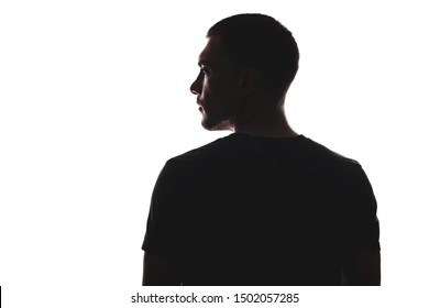 Silhouette portrait of man with his back looking away, isolated on white background - Shutterstock ID 1502057285