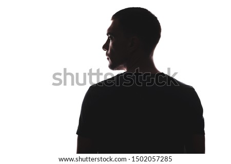 Silhouette portrait of man with his back looking away, isolated on white background