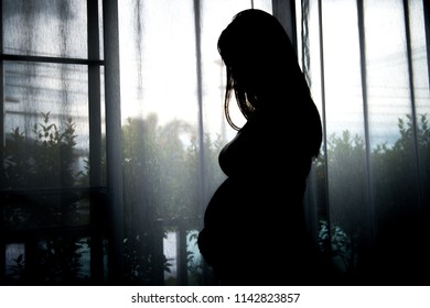 silhouette pregnancy women standing in a window,pregnancy belly