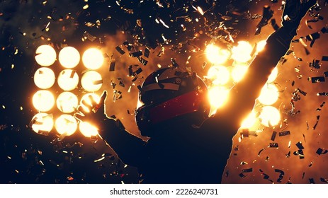 Silhouette of race car driver celebrating the win in a race against bright stadium lights. 100 FPS slow motion shot - Shutterstock ID 2226240731