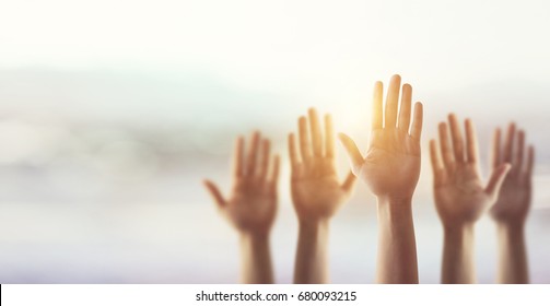 Silhouette, Raising Hands for Participation, many people's hands up. copy space - Shutterstock ID 680093215