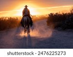 Silhouette of ranch hand, or cowboy, riding his horse in the sunset.