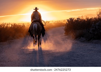 Silhouette of ranch hand, or cowboy, riding his horse in the sunset. - Powered by Shutterstock