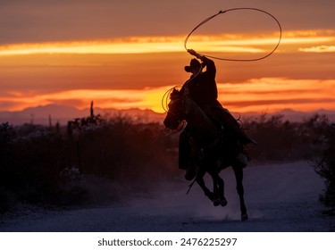 Silhouette of ranch hand, or cowboy, riding his horse in the sunset. Swinging a lariat. - Powered by Shutterstock