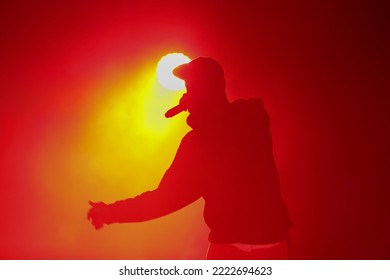 Silhouette of rap singer with microphone in hand. Rapper performing on concert.  - Shutterstock ID 2222694623