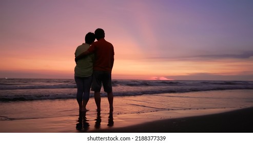 silhouette rear view of asian elderly couple standing on the beach and chatting happily in sunset background - Powered by Shutterstock