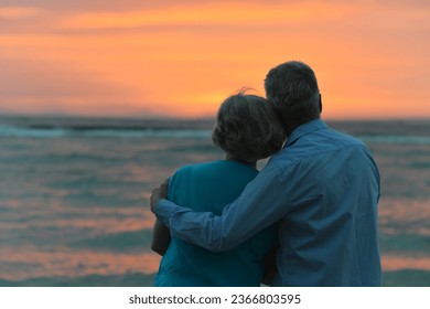 silhouette rear view of elderly couple standing on the beach and chatting happily in sunset background.  - Powered by Shutterstock