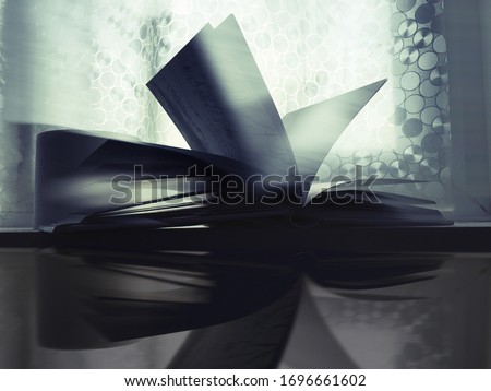 Silhouette and reflection of an opened  book against sunlight through window with space for runaround or wraparound text. Education abstract 